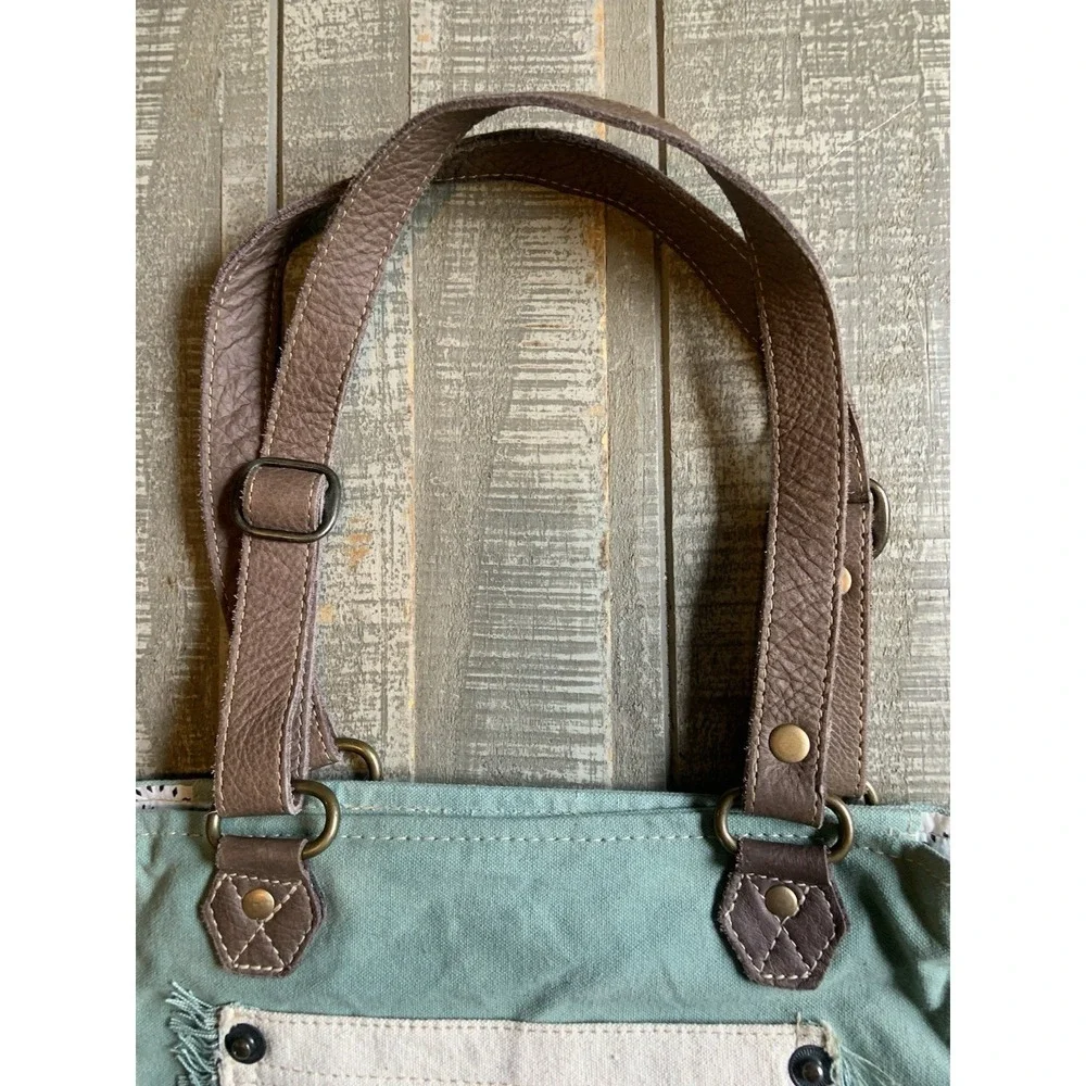 Myra Bag Small Turquoise Canvas Leather‎ Texas EST. 1962 Up-cycled Tote Handbag